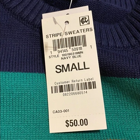 Club Room Men's Crewneck Long Sleeve Sweater - Navy, Orange, Teal Stripes - Picture 2 of 2